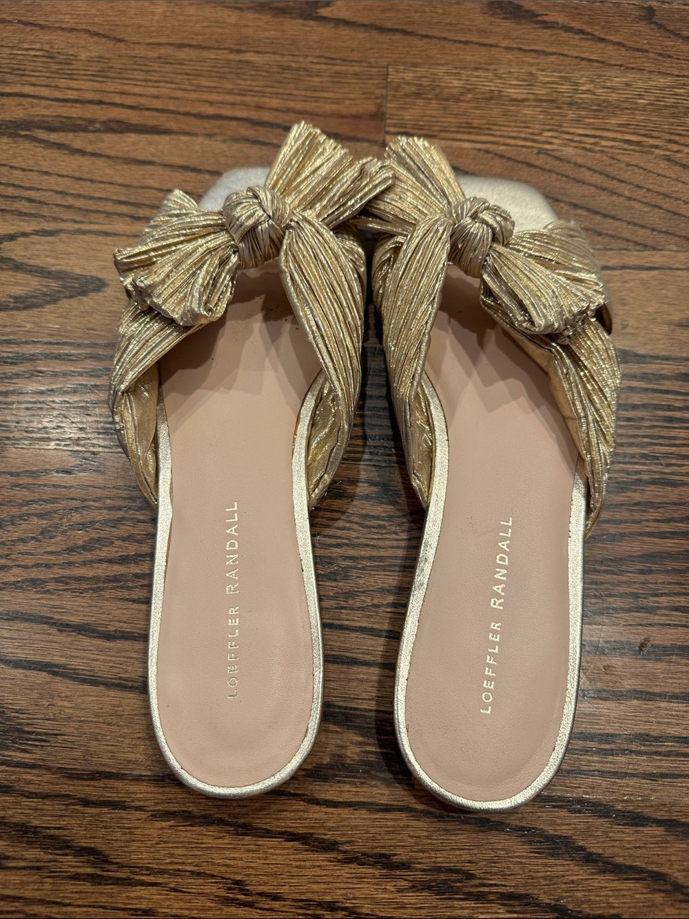 VGUC Loeffler Randall Metallic Gold Knotted Bow Slide Sandal - Picture 4 of 4
